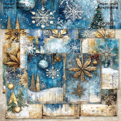 VintageChristmasscrapbookpapercollectionfeaturingbluewinterbackgrounds_whitesnowflakes_goldenstars_Christmastreesanddistressedantiquetextures
