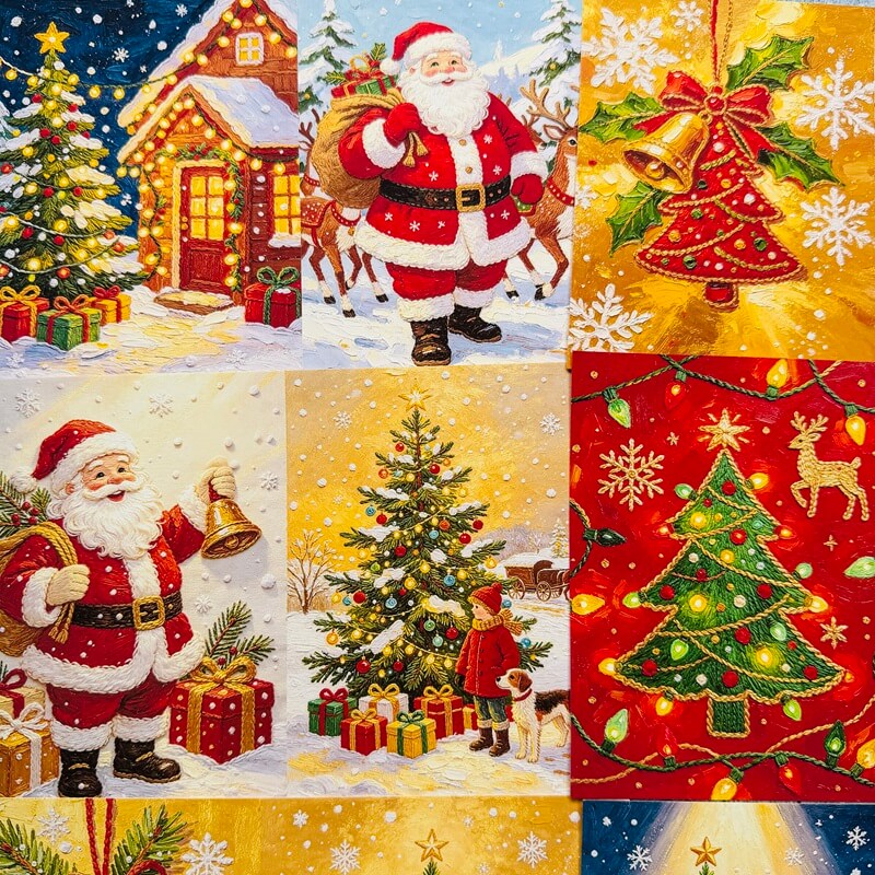 VintageChristmasscrapbookpaperfeaturingSantaClaus_decoratedChristmastrees_snowycottages_bellsandholidaygifts