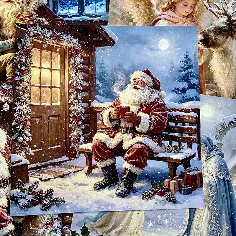 VintageChristmasscrapbookpaperfeaturingSantaClausenjoyinghotcocoaoutsideasnowycabin