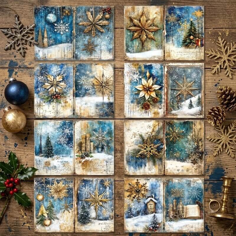 VintageChristmasscrapbookpaperfeaturingantiquegoldsnowflakes_Christmasstars_snowypinetreesanddistressedbluewinterbackgrounds