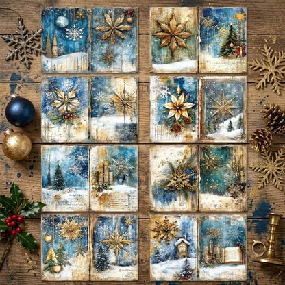 VintageChristmasscrapbookpaperfeaturingantiquegoldsnowflakes_Christmasstars_snowypinetreesanddistressedbluewinterbackgrounds