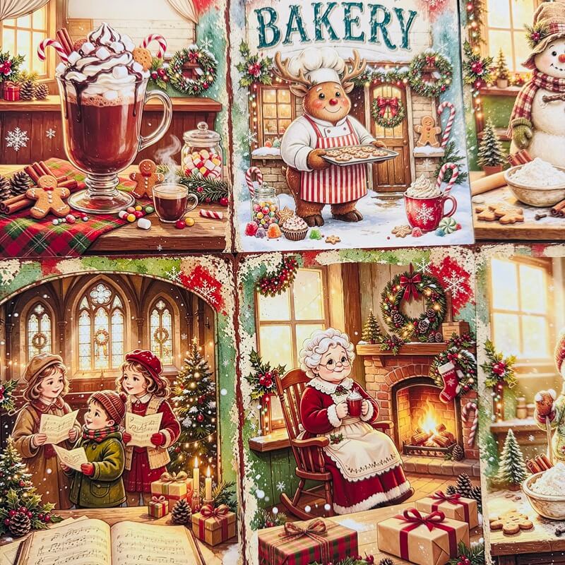 VintageChristmasscrapbookpaperfeaturingareindeerbaker_hotcocoa_carolersandacozyfireplacescene