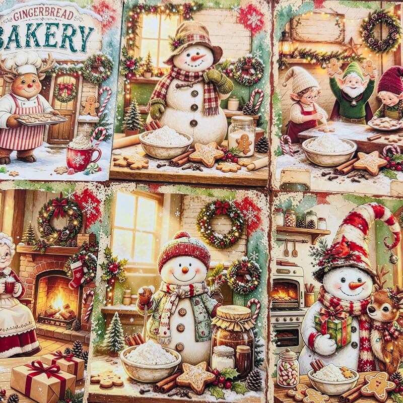 VintageChristmasscrapbookpaperfeaturingsnowmen_gingerbreadbakingscenes_holidaywreathsandfestivegifts
