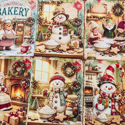 VintageChristmasscrapbookpaperfeaturingsnowmen_gingerbreadbakingscenes_holidaywreathsandfestivegifts