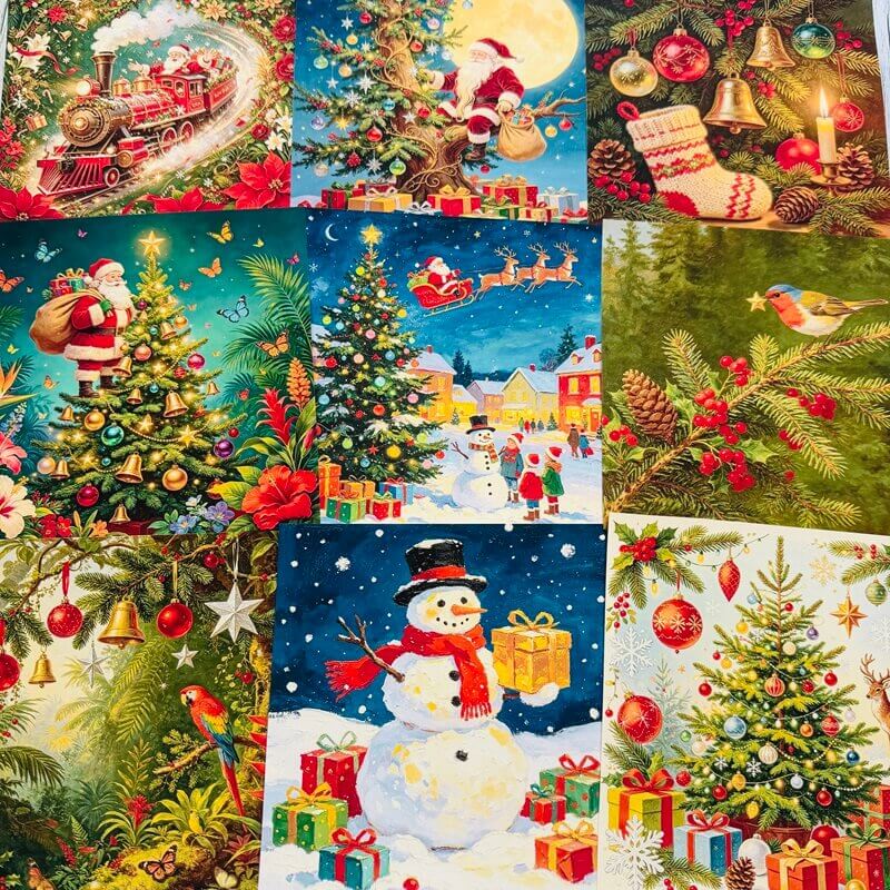 VintageChristmasscrapbookpapersfeaturingSanta_afestivetrain_asnowman_decoratedtrees_asnowyvillage_birds_andholidaygreenery