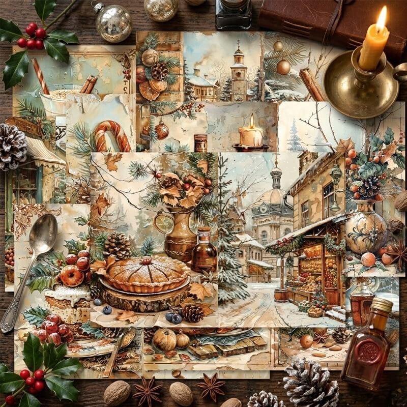VintageChristmasscrapbookpapersheetsfeaturingfestivedesserts_gingerbread_snowyEuropeanChristmasstreetsandnostalgicholidayillustrationsforscrapbookingandcardmaking