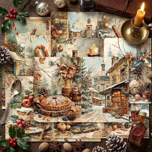 Christmas scrapbook papers with gingerbread, desserts and snowy village streets.