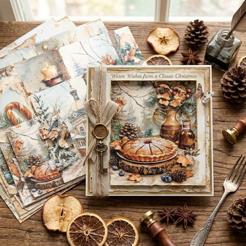 VintageChristmasscrapbookpaperusedinahandmadeChristmascardfeaturingaholidaypie_pinecones_wintergreeneryandlayeredantiquepaperdesigns