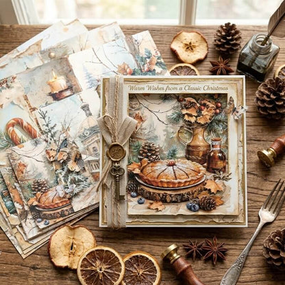 VintageChristmasscrapbookpaperusedinahandmadeChristmascardfeaturingaholidaypie_pinecones_wintergreeneryandlayeredantiquepaperdesigns
