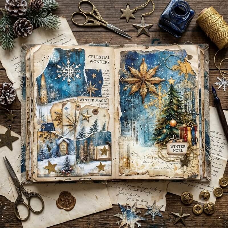VintageChristmasscrapbookpaperusedinahandmadejunkjournalfeaturingbluesnowybackgrounds_goldensnowflakes_Christmastreesandlayeredwinterdecorations