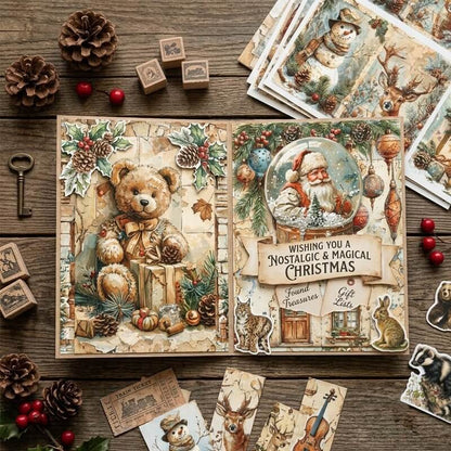 VintageChristmasscrapbookpaperusedinhandmadejunkjournalandChristmascardcrafts_featuringateddybear_SantaClaussnowglobeandfestivedecorations