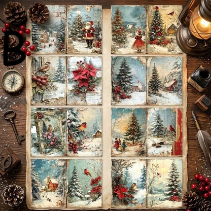 VintageChristmasscrapbookpaperwithsnowyvillagescenes_Christmastrees_SantaClaus_redcardinalsandwinterillustrations