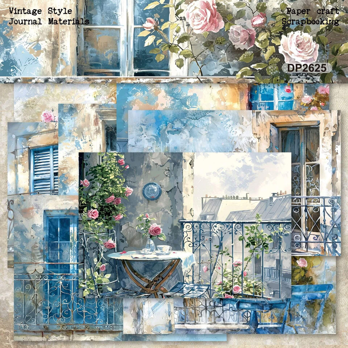 VintageParisscrapbookpapersfeaturingblueshutters_wroughtironbalconies_pinkroses_andweatheredcreamwalls