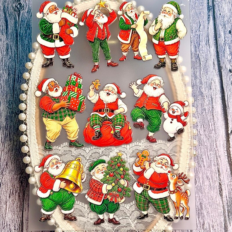 VintageSanta3DembossedstickerswithChristmasgifts_agoldenbell_atree_asnowman_andareindeer