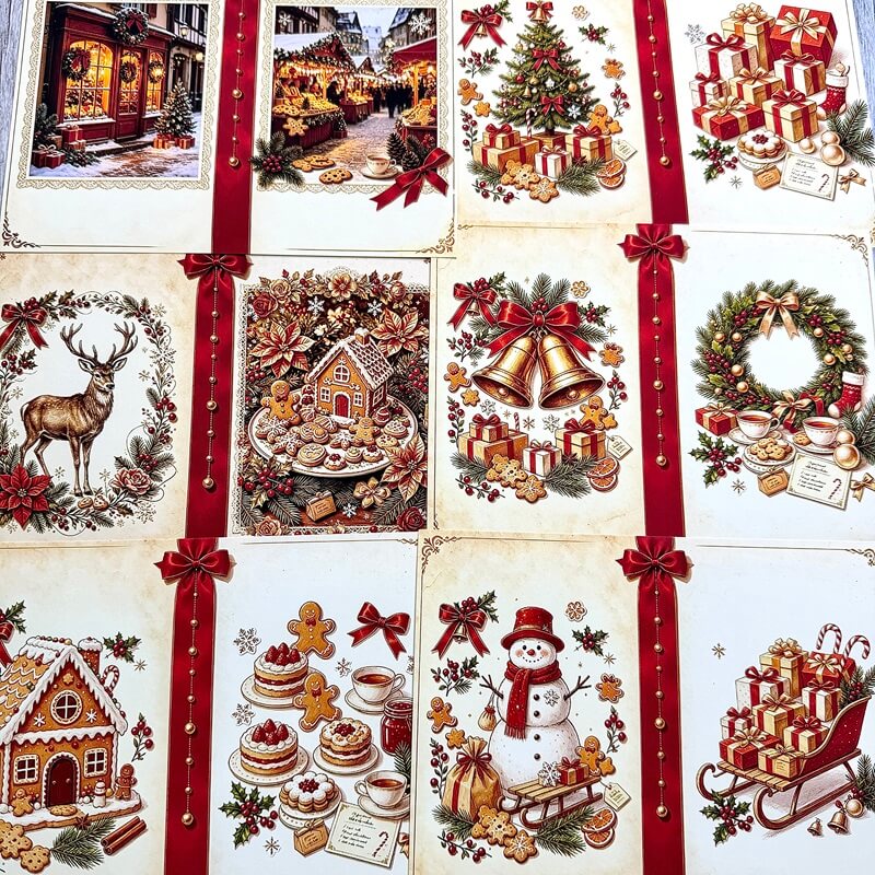VintageSantaClausscrapbookpaperpackwithChristmasgiftsandgingerbreaddesigns