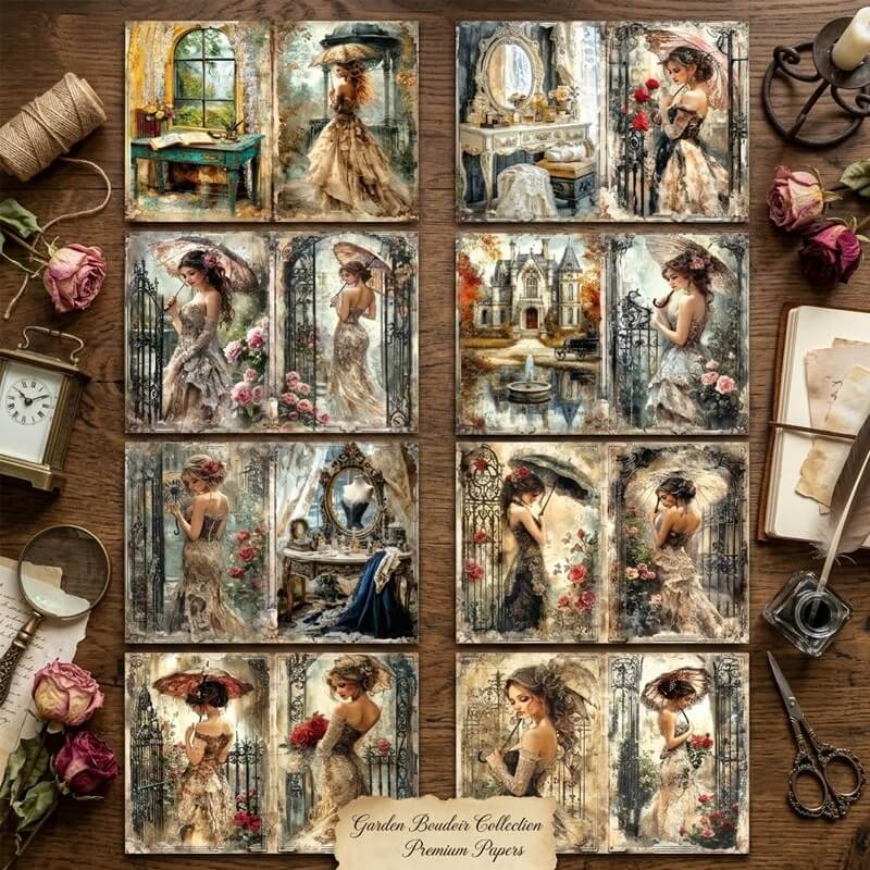 VintageVictorianladiesA5scrapbookpaperfeaturingelegantwomeninlacedresses_parasols_rosegardens_antiquemirrorsandromanticEuropeanscenery