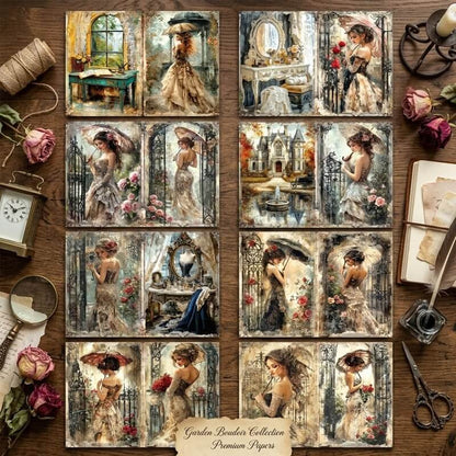 VintageVictorianladiesA5scrapbookpaperfeaturingelegantwomeninlacedresses_parasols_rosegardens_antiquemirrorsandromanticEuropeanscenery