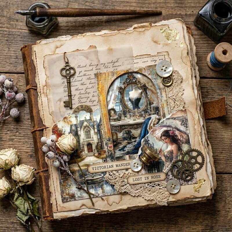 VintageVictorianscrapbookpaperfeaturingantiquedressingtables_elegantwomenwithparasols_historicmansionsandromanticlacedetailsforjunkjournaling_scrapbookingandcardmaki