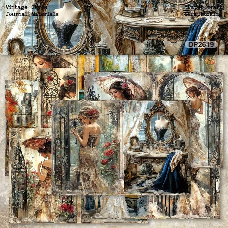 VintageVictorianscrapbookpaperfeaturingelegantwomeninlacedresses_antiquevanitymirrors_ornatefurniture_romanticrosesandVictorianmansionillustrationsforjunkjournalsand