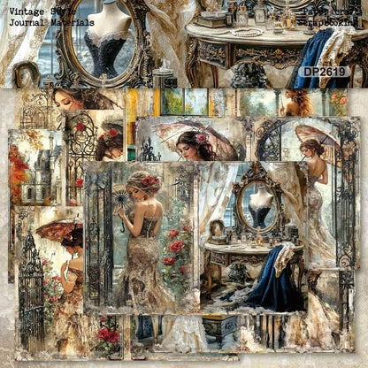VintageVictorianscrapbookpaperfeaturingelegantwomeninlacedresses_antiquevanitymirrors_ornatefurniture_romanticrosesandVictorianmansionillustrationsforjunkjournalsand