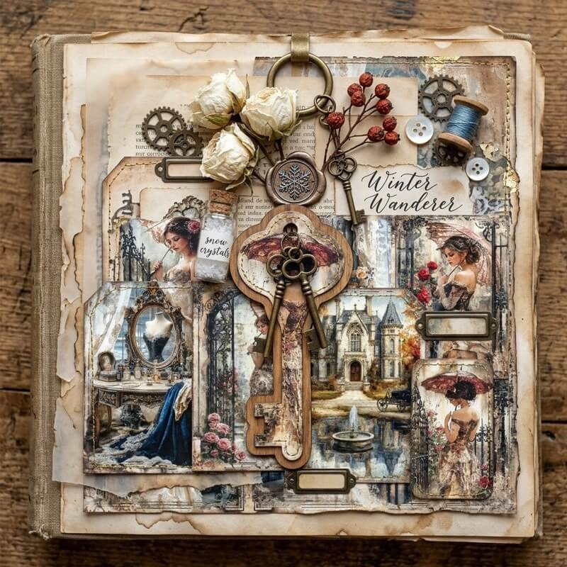 VintageVictorianscrapbookpaperusedinahandmadejunkjournalcollagefeaturingelegantladies_antiquekeys_ornatemirrors_Victorianarchitectureandromanticfloraldesigns