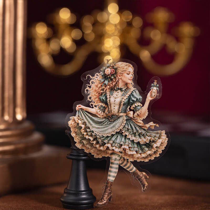 Vintage_Alice_in_Wonderland_sticker_featuring_a_girl_in_a_green_lace_dress_holding_a_potion_bottle_beside_a_black_chess_piece.