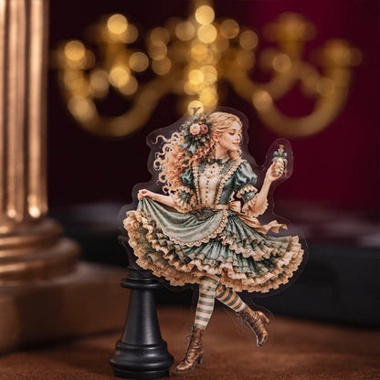 Vintage_Alice_in_Wonderland_sticker_featuring_a_girl_in_a_green_lace_dress_holding_a_potion_bottle_beside_a_black_chess_piece.