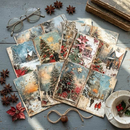 Vintage_Christmas_scrapbook_paper_sheets_featuring_Christmas_villages_snow-covered_cottages_and_festive_winter_illustrations_for_junk_journals_and_card_making