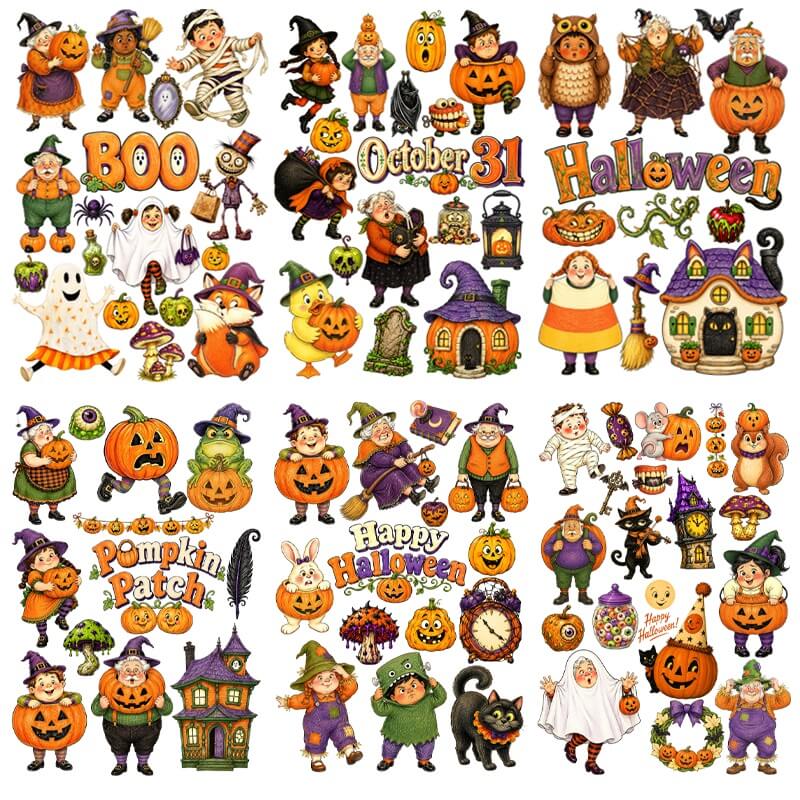 Vintage Halloween 3D embossed stickers in six retro spooky styles