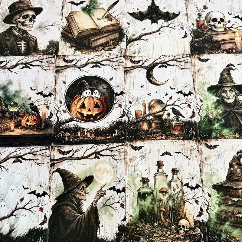 Vintage Halloween scrapbook paper with witches skeletons ghosts bats and apothecary designs