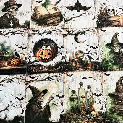 Vintage Halloween scrapbook paper with witches skeletons ghosts bats and apothecary designs