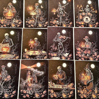 Vintage Halloween skeleton scrapbook paper with pumpkins and moonlit spooky scenes