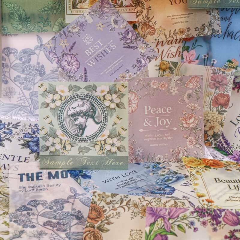 Vintage botanical vellum paper sheets with floral scrapbook designs