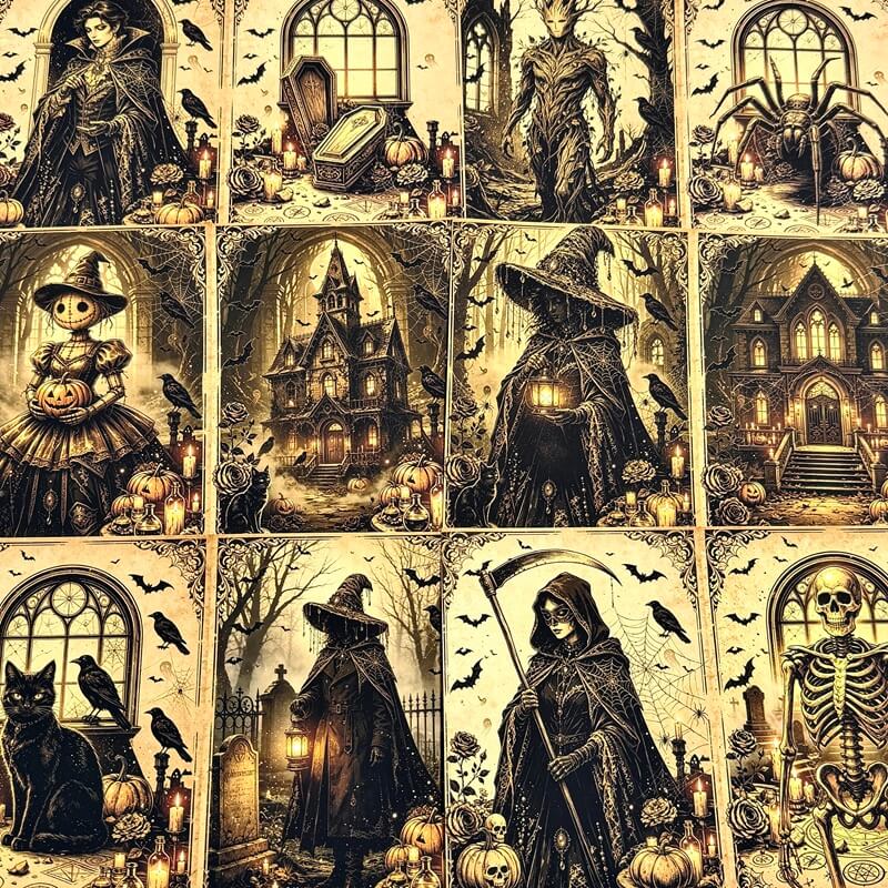 Vintage gothic Halloween scrapbook paper with witches haunted houses skeletons and pumpkins