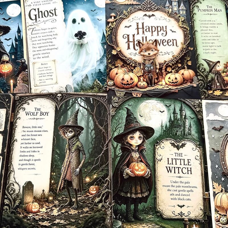 Vintage witch Halloween scrapbook paper with black cat and pumpkin