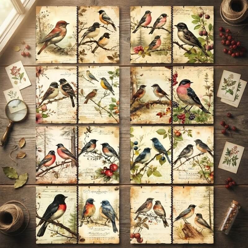Vintagebirdsandbotanicalscrapbookpaperfeaturingcolorfulsongbirds_berrybranches_antiquehandwrittenbackgroundsandnatureillustrationsforjunkjournals