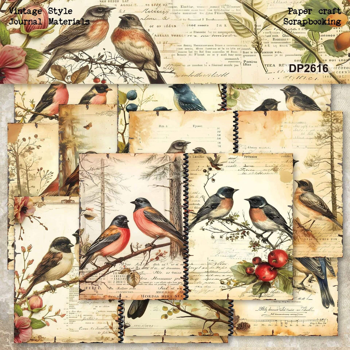 Vintagebirdscrapbookpaperfeaturingcolorfulsongbirds_botanicalflowers_berriesandantiquehandwrittenbackgroundsforjunkjournalsandDIYcrafts