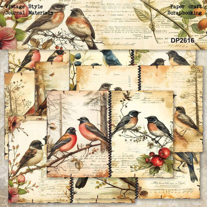 Vintagebirdscrapbookpaperfeaturingcolorfulsongbirds_botanicalflowers_berriesandantiquehandwrittenbackgroundsforjunkjournalsandDIYcrafts