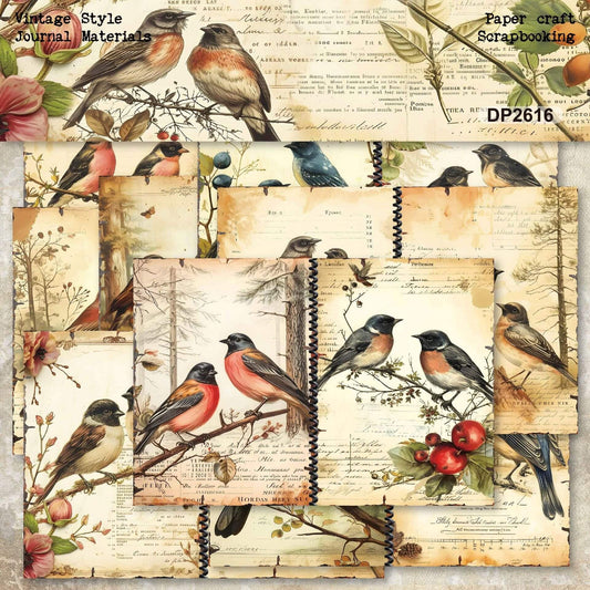 Vintage bird scrapbook papers with songbirds, flowers, berries and handwritten script.