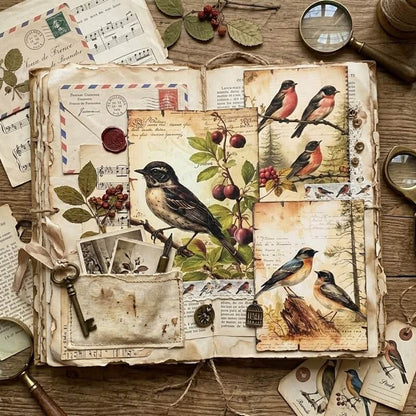 Vintagebirdscrapbookpaperforjunkjournalingandscrapbookingfeaturingillustratedsongbirds_botanicalprints_antiquelettersandlayerednature-inspiredcollagedesigns