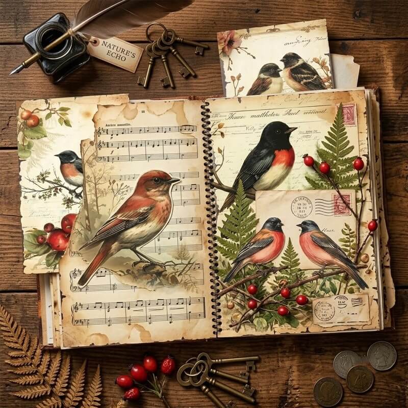 Vintagebirdscrapbookpaperusedinahandmadejunkjournalfeaturingred-breastedsongbirds_botanicalfoliage_antiquesheetmusicandlayeredcollagedesigns