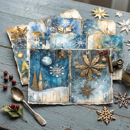 VintageblueChristmasscrapbookpapersheetsfeaturingwhitesnowflakes_goldornaments_snowywinterscenesanddistressedtexturesforjunkjournalsandDIYcrafts