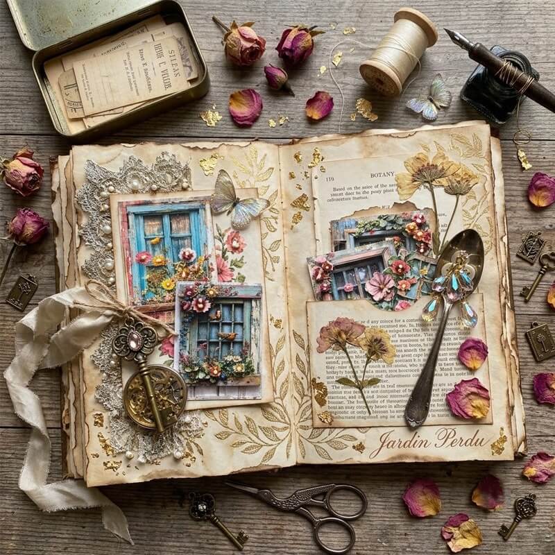 Vintagebotanicaljunkjournalfeaturingfloralwindowpapercutouts_agedbookpages_lace_butterflies_andgoldleafaccents