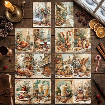 VintagecozyChristmasscrapbookpaperfeaturinggingerbreadcookies_candycanes_festivedesserts_cinnamonsticks_hotdrinksandsnowywintervillagescenes