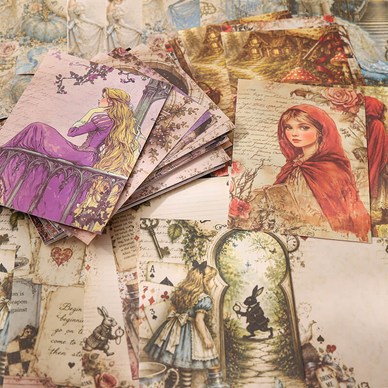 VintagefairytalejournalpapersfeaturingRapunzel_LittleRedRidingHood_AliceinWonderlandandwoodlandcottages