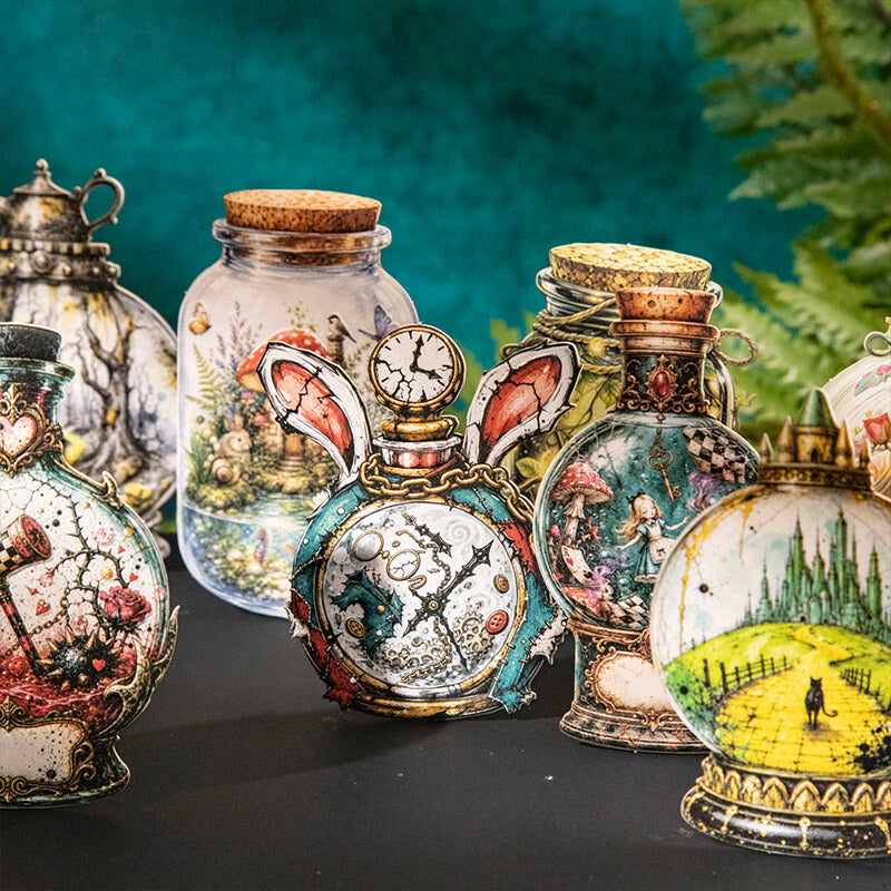 Vintagefantasypotionbottlestickersfeaturingrabbitclockandmagicalstorybookscenes