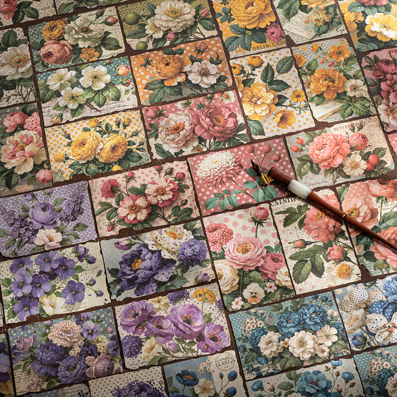 Vintagefloralcollagepiecesarrangedinapatchworkofcolorfulflowers_polkadotsandhandwrittenscript