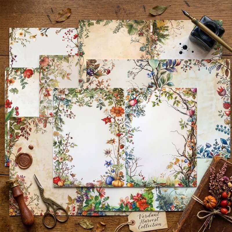 Vintagefloralscrapbookpapersheetsfeaturingbotanicalflowerborders_wildflowers_autumnberriesandagedpapertexturesforjunkjournals_scrapbookingandDIYcrafts