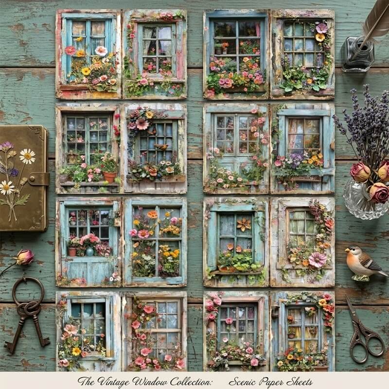 Vintagefloralwindowscrapbookpaperfeaturingdistressedblueandcreamwindowframes_flowerboxes_climbingroses_andgardenblooms