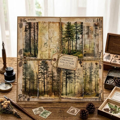 Vintageforestscrapbookpaperfeaturingmistypinetrees_woodlandlandscapes_antiquebotanicalillustrationsanddistressedparchmenttexturesforjunkjournalsandDIYcrafts